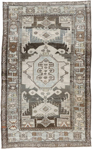 4' x 6' one-of-a-kind handmade antique Hamadan rug. Color palette: ivory, slate blue, charcoal, taupe, brown, cream, rust