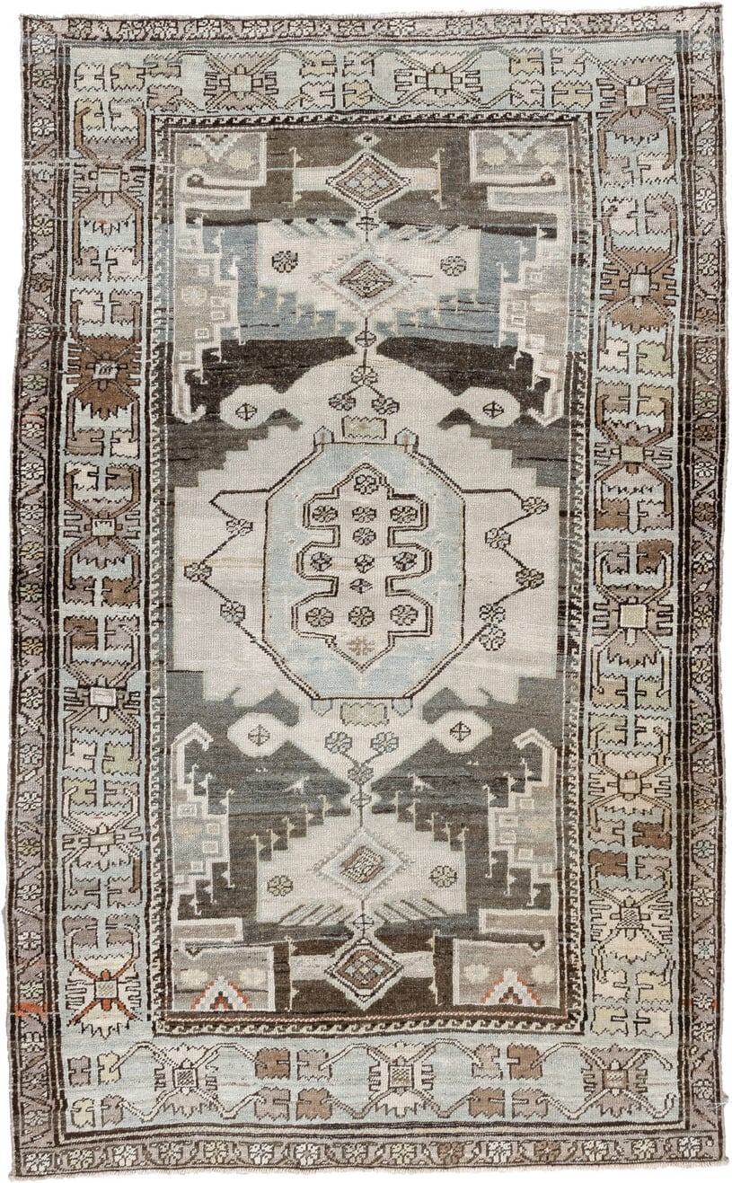 4' x 6' one-of-a-kind handmade antique Hamadan rug. Color palette: ivory, slate blue, charcoal, taupe, brown, cream, rust