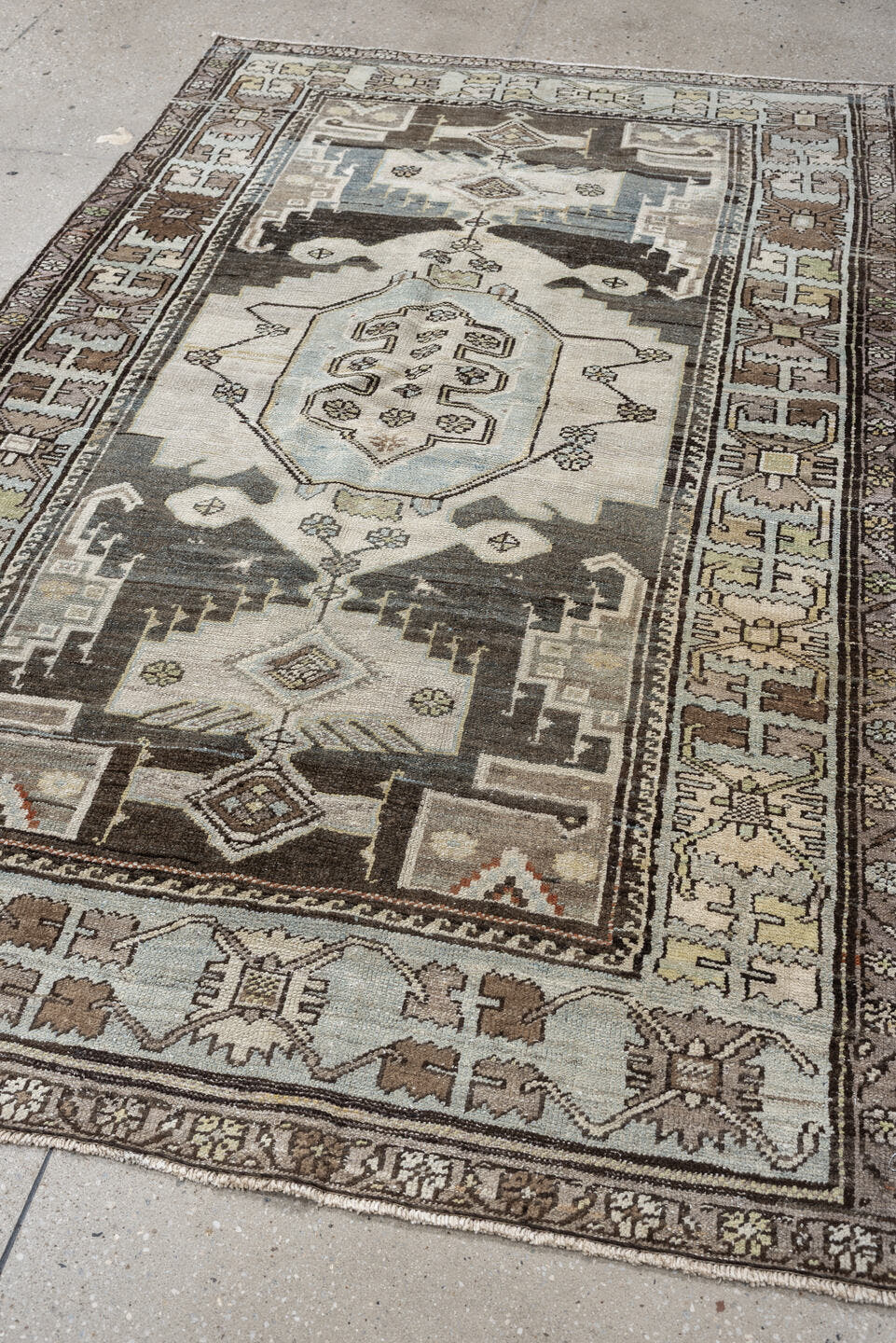 4' x 6' one-of-a-kind handmade antique Hamadan rug. Color palette: ivory, slate blue, charcoal, taupe, brown, cream, rust