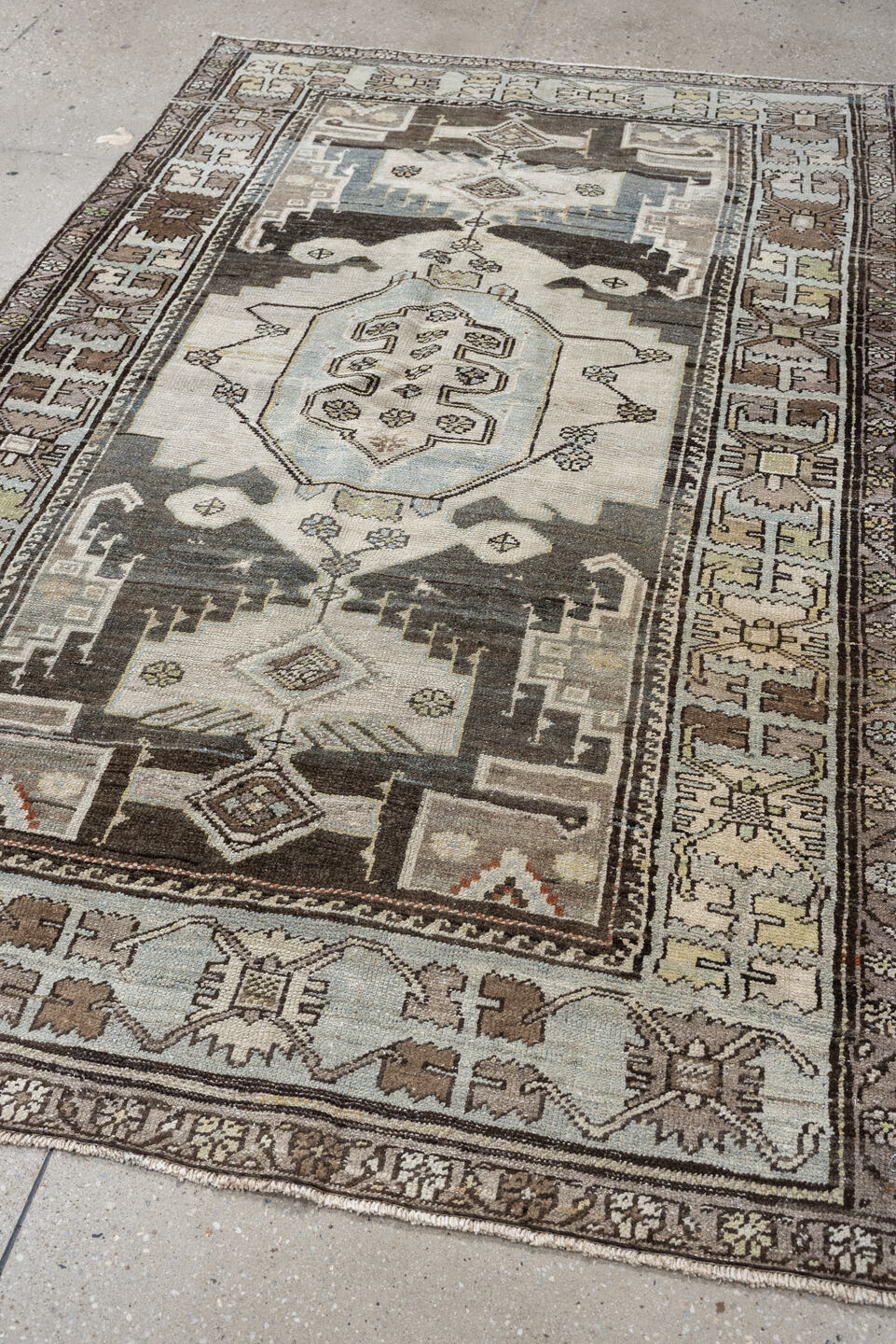 4' x 6' one-of-a-kind handmade antique Hamadan rug. Color palette: ivory, slate blue, charcoal, taupe, brown, cream, rust