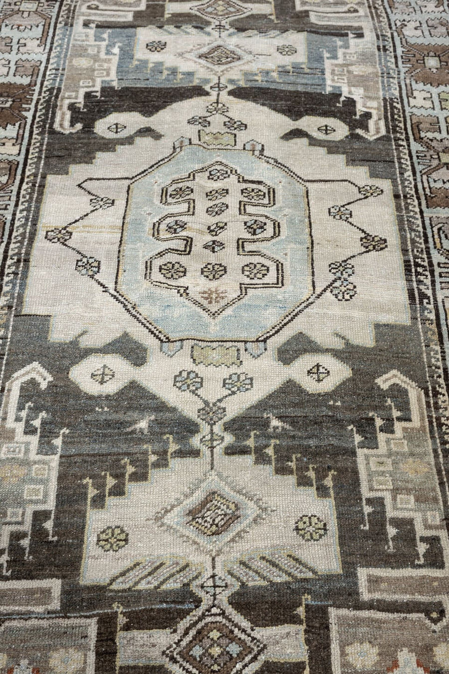 4' x 6' one-of-a-kind handmade antique Hamadan rug. Color palette: ivory, slate blue, charcoal, taupe, brown, cream, rust