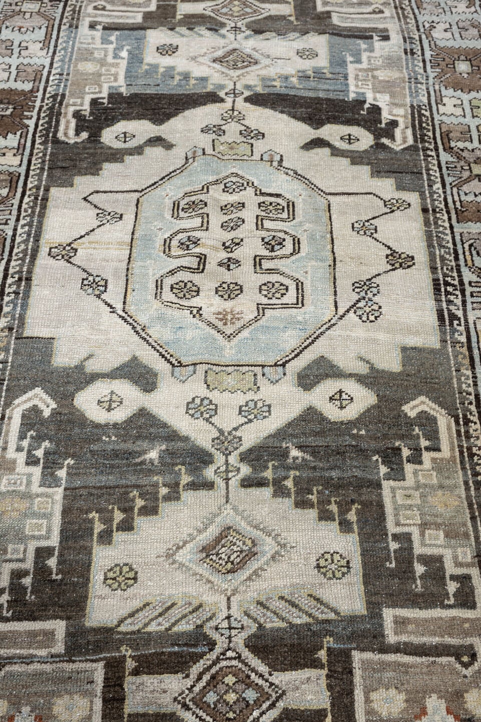 4' x 6' one-of-a-kind handmade antique Hamadan rug. Color palette: ivory, slate blue, charcoal, taupe, brown, cream, rust