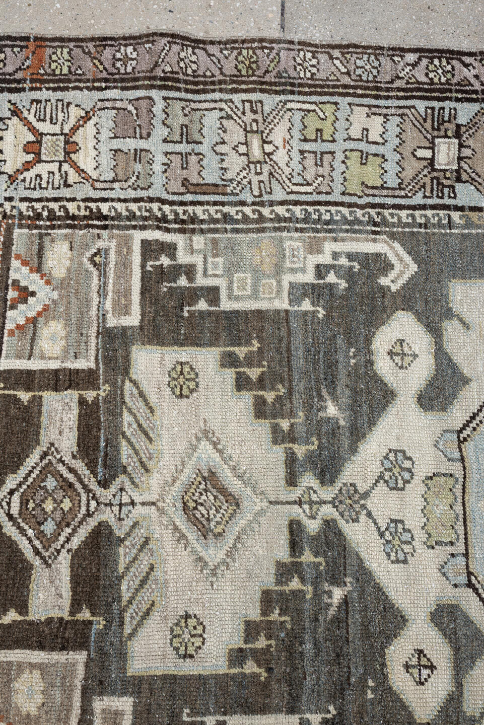 4' x 6' one-of-a-kind handmade antique Hamadan rug. Color palette: ivory, slate blue, charcoal, taupe, brown, cream, rust