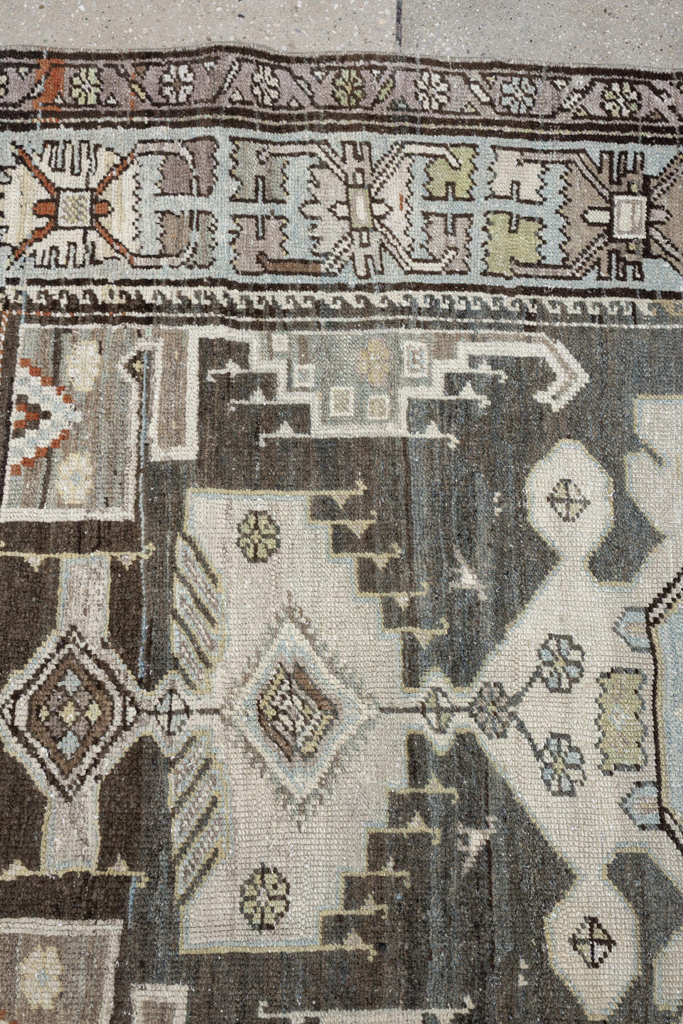 4' x 6' one-of-a-kind handmade antique Hamadan rug. Color palette: ivory, slate blue, charcoal, taupe, brown, cream, rust