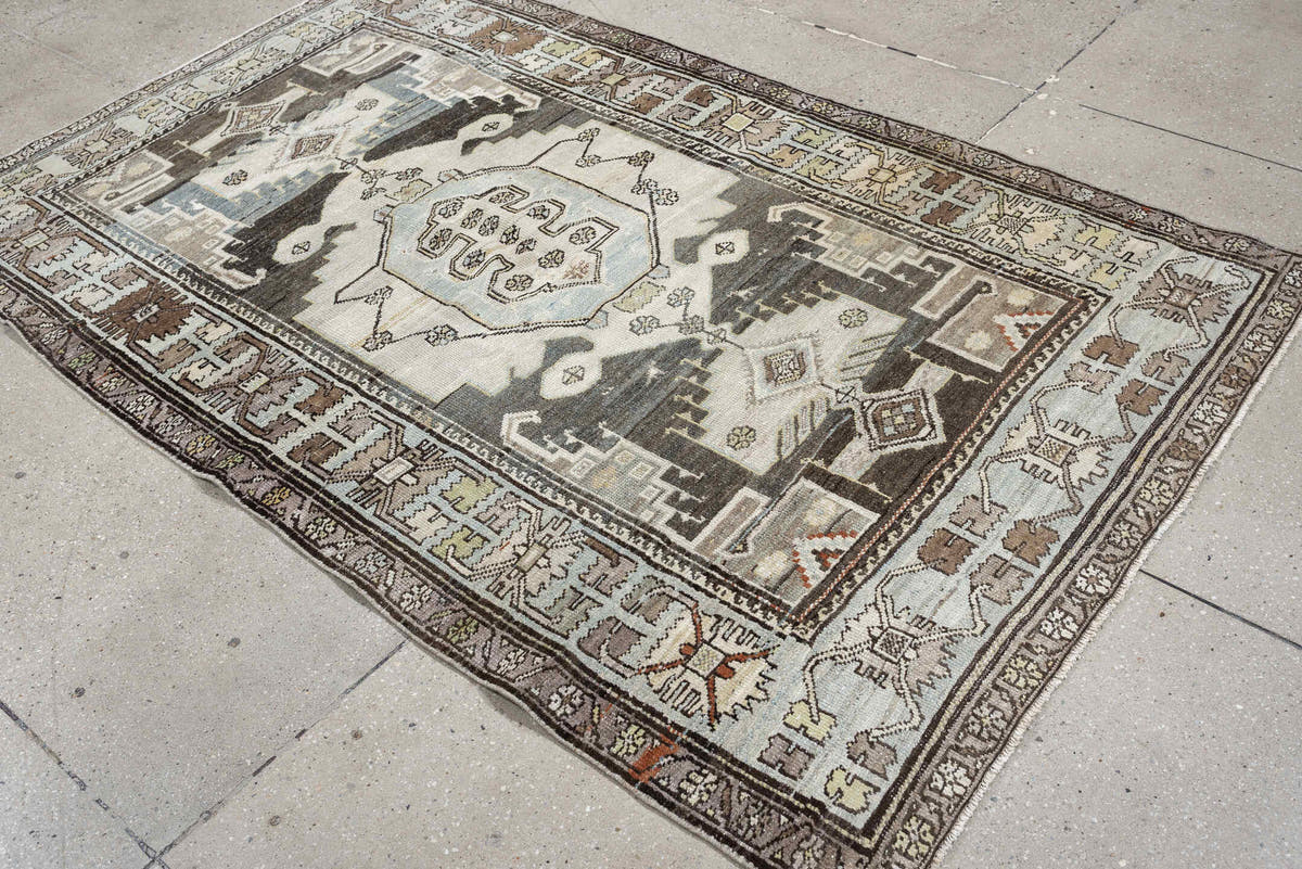 4' x 6' one-of-a-kind handmade antique Hamadan rug. Color palette: ivory, slate blue, charcoal, taupe, brown, cream, rust