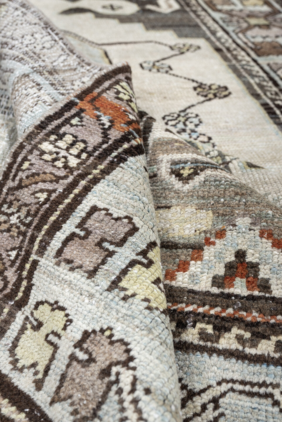 4' x 6' one-of-a-kind handmade antique Hamadan rug. Color palette: ivory, slate blue, charcoal, taupe, brown, cream, rust