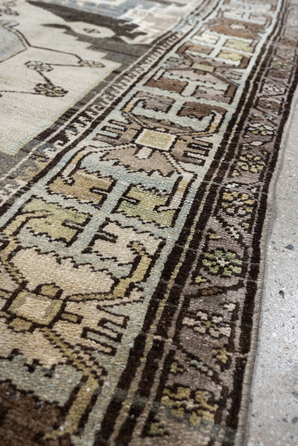 4' x 6' one-of-a-kind handmade antique Hamadan rug. Color palette: ivory, slate blue, charcoal, taupe, brown, cream, rust