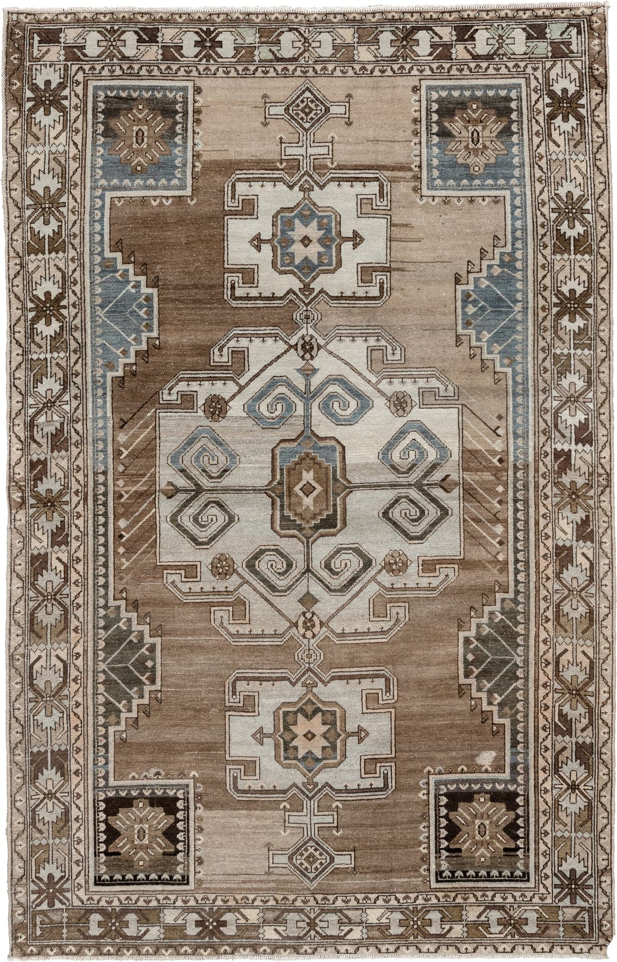 4' x 7' one-of-a-kind handmade antique Hamadan rug. Color palette: taupe, ivory, brown, powder blue, camel, charcoal, cream