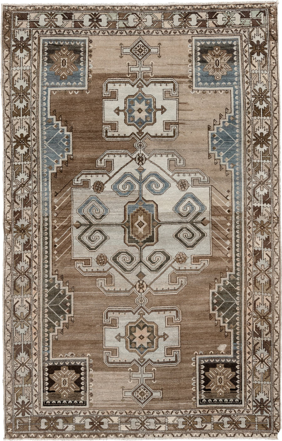 4' x 7' one-of-a-kind handmade antique Hamadan rug. Color palette: taupe, ivory, brown, powder blue, camel, charcoal, cream