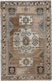 4' x 7' one-of-a-kind handmade antique Hamadan rug. Color palette: taupe, ivory, brown, powder blue, camel, charcoal, cream