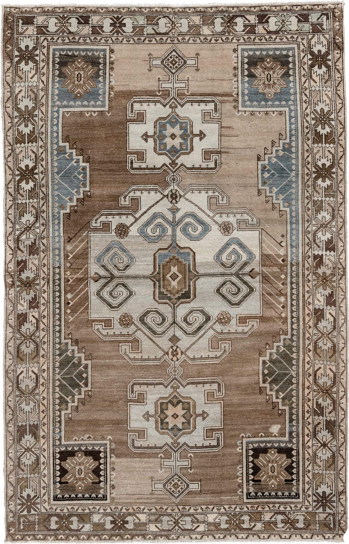 4' x 7' one-of-a-kind handmade antique Hamadan rug. Color palette: taupe, ivory, brown, powder blue, camel, charcoal, cream