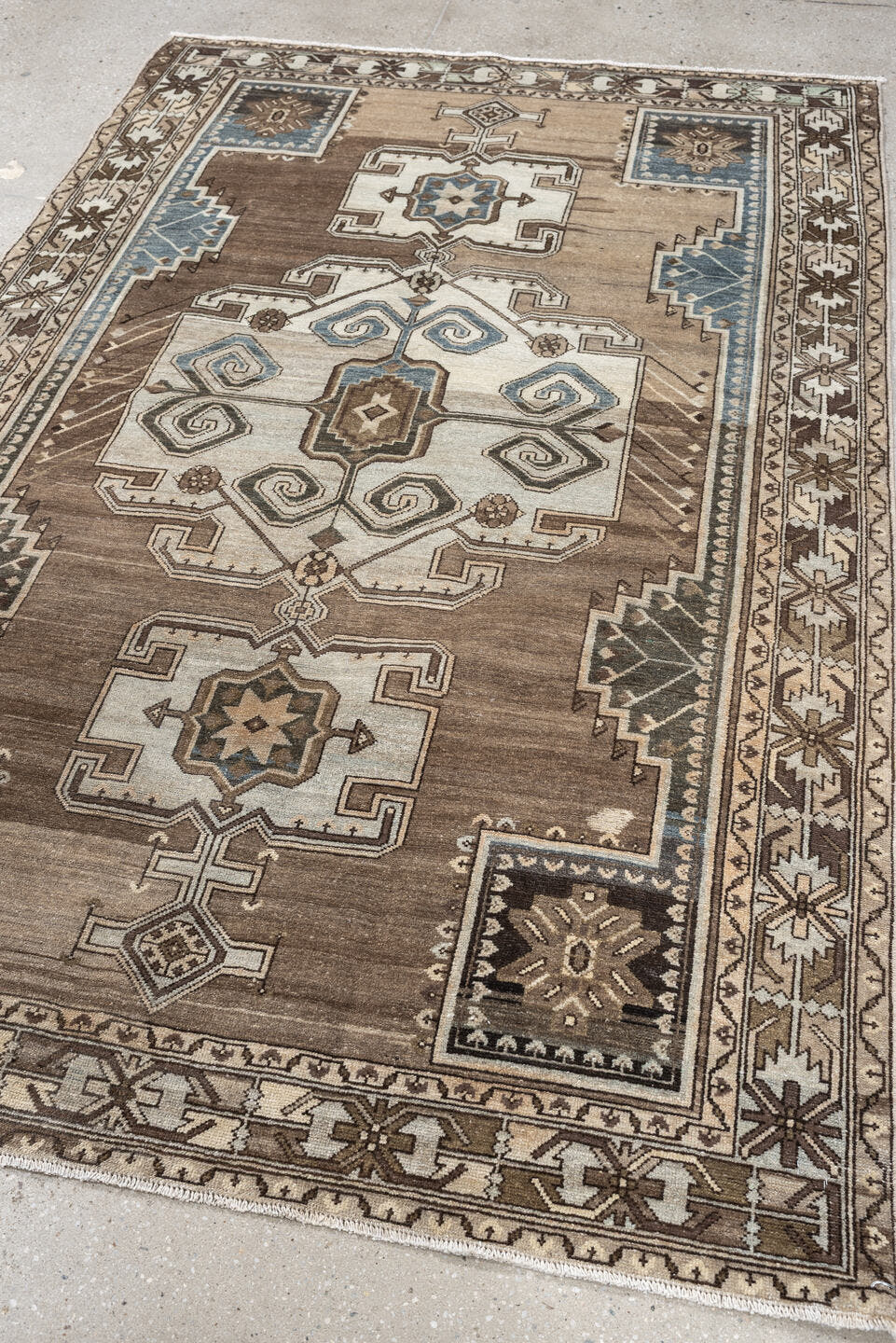 4' x 7' one-of-a-kind handmade antique Hamadan rug. Color palette: taupe, ivory, brown, powder blue, camel, charcoal, cream