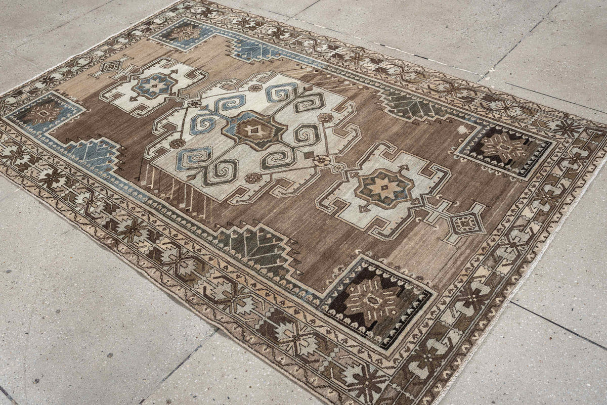 4' x 7' one-of-a-kind handmade antique Hamadan rug. Color palette: taupe, ivory, brown, powder blue, camel, charcoal, cream