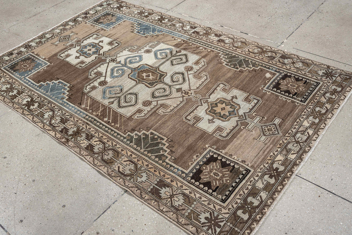4' x 7' one-of-a-kind handmade antique Hamadan rug. Color palette: taupe, ivory, brown, powder blue, camel, charcoal, cream