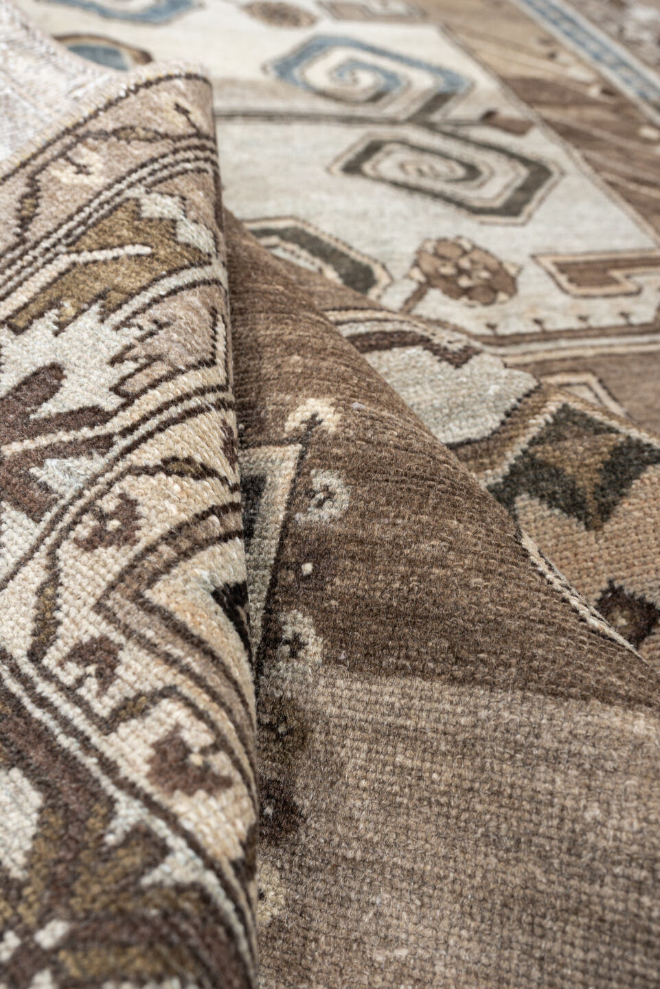 4' x 7' one-of-a-kind handmade antique Hamadan rug. Color palette: taupe, ivory, brown, powder blue, camel, charcoal, cream