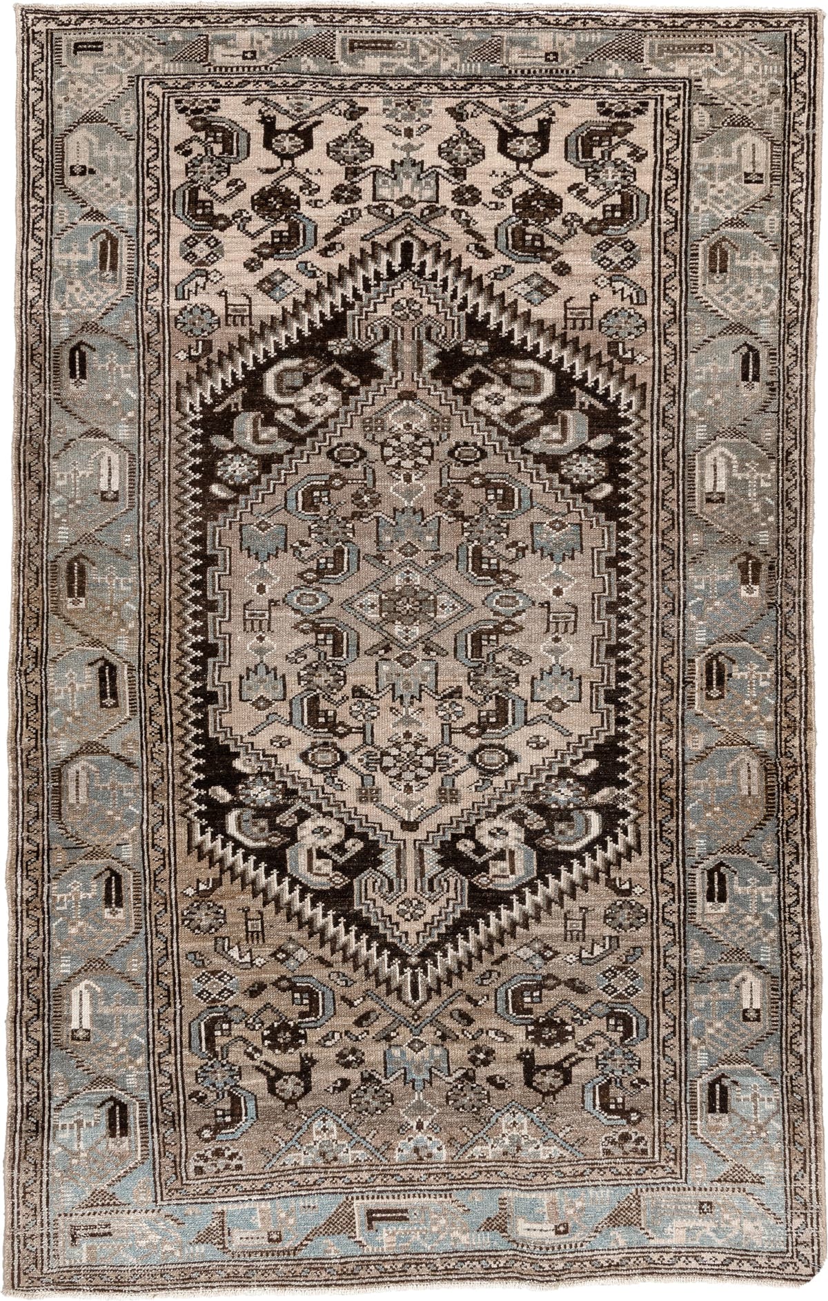 4' x 6' one-of-a-kind handmade antique Hamadan small size rug. Color palette: ivory, taupe, powder blue, dark brown