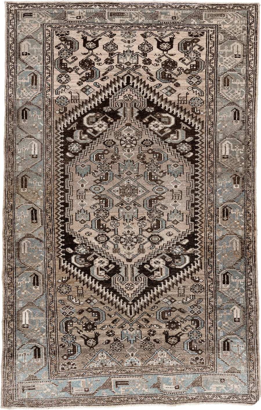 4' x 6' one-of-a-kind handmade antique Hamadan small size rug. Color palette: ivory, taupe, powder blue, dark brown