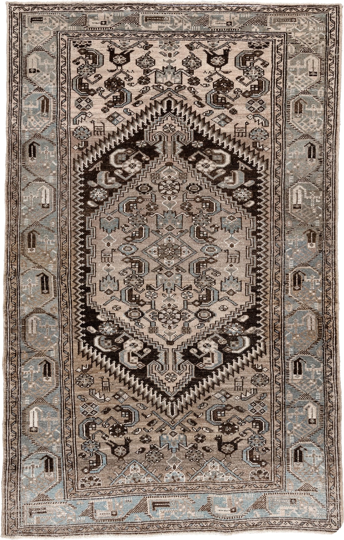 4' x 6' one-of-a-kind handmade antique Hamadan small size rug. Color palette: ivory, taupe, powder blue, dark brown