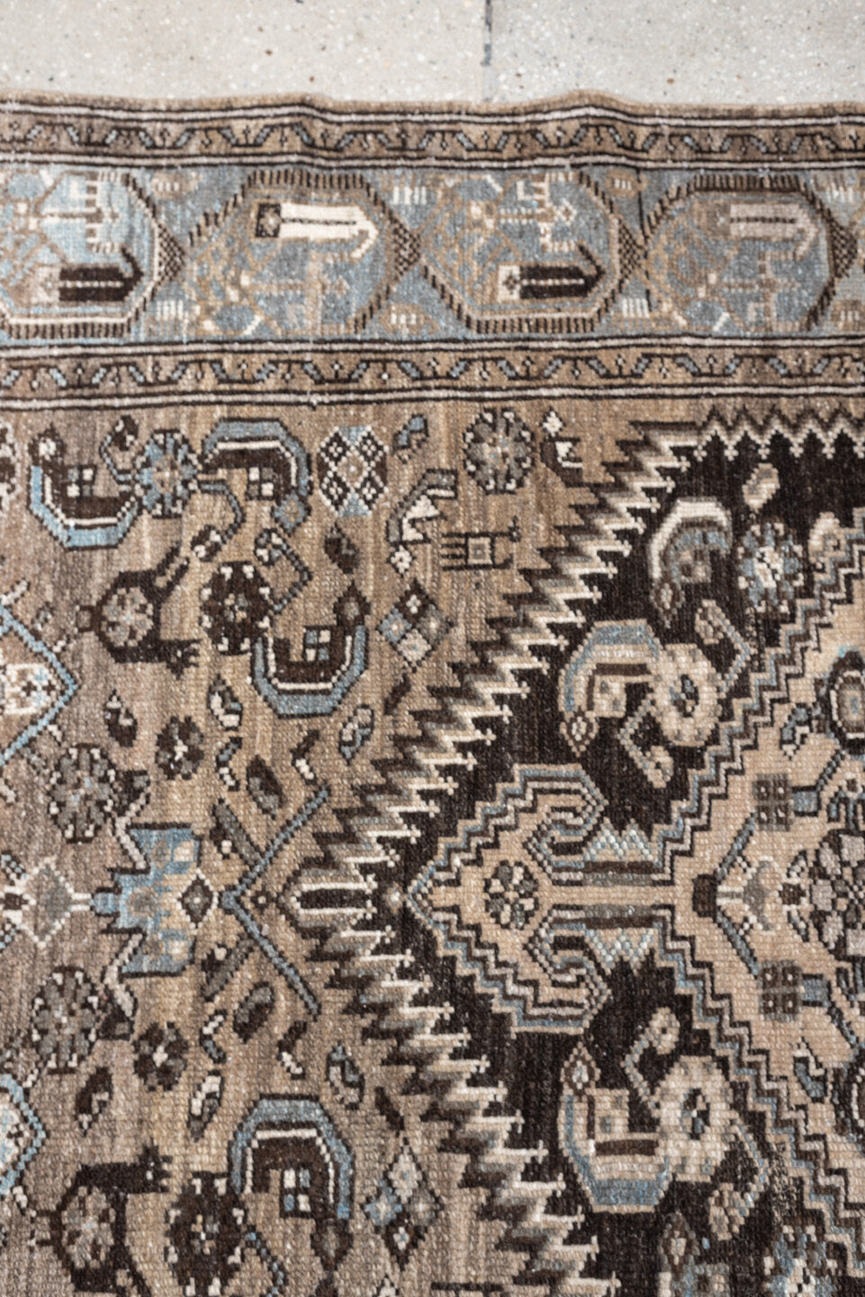 4' x 6' one-of-a-kind handmade antique Hamadan small size rug. Color palette: ivory, taupe, powder blue, dark brown
