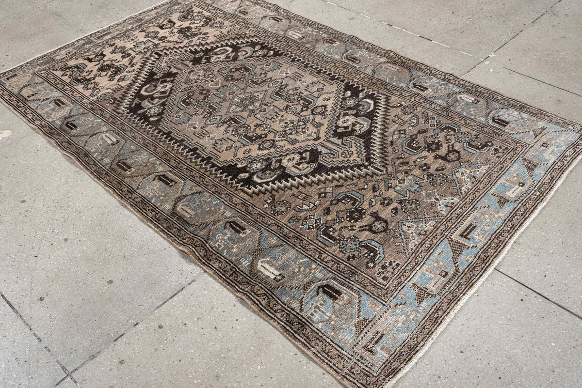 4' x 6' one-of-a-kind handmade antique Hamadan small size rug. Color palette: ivory, taupe, powder blue, dark brown