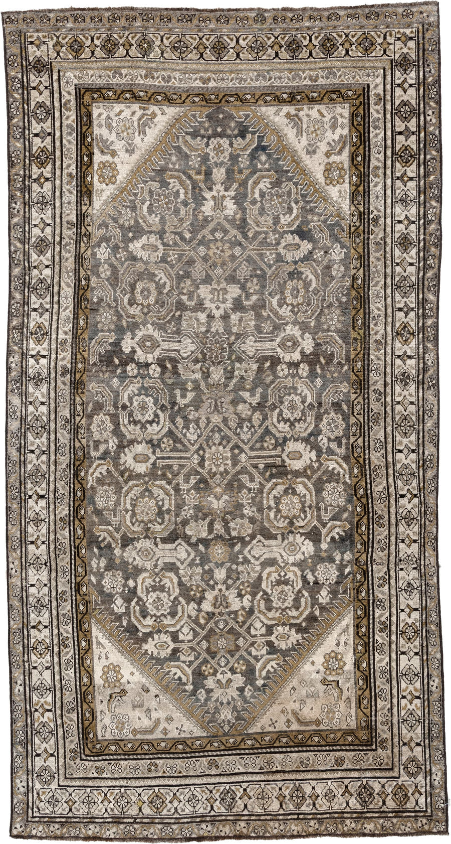 4' x 7' one-of-a-kind handmade antique Malayer rug. Color palette: charcoal, ivory, taupe, ochre, camel, ebony, slate, black