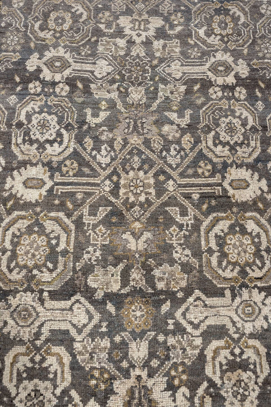 4' x 7' one-of-a-kind handmade antique Malayer rug. Color palette: charcoal, ivory, taupe, ochre, camel, ebony, slate, black