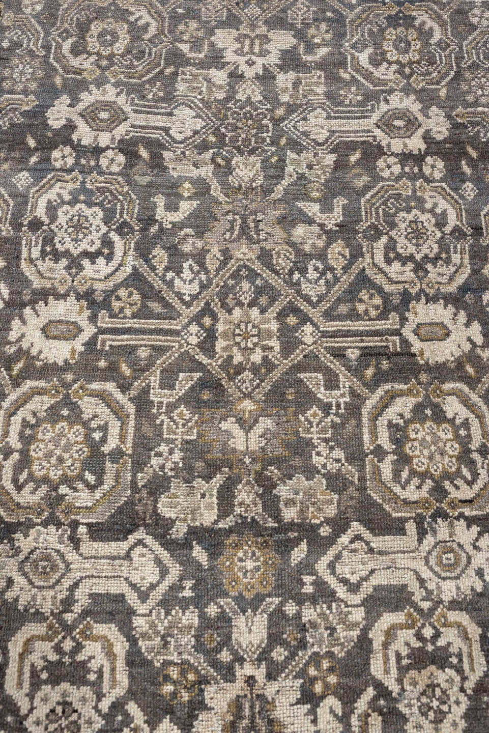 4' x 7' one-of-a-kind handmade antique Malayer rug. Color palette: charcoal, ivory, taupe, ochre, camel, ebony, slate, black