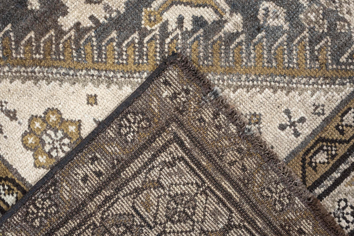 4' x 7' one-of-a-kind handmade antique Malayer rug. Color palette: charcoal, ivory, taupe, ochre, camel, ebony, slate, black