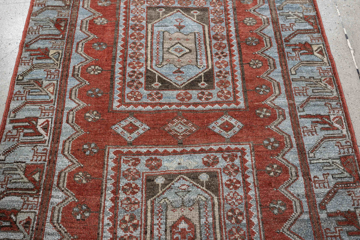 3' x 9' one-of-a-kind handmade antique Kurd runner rug. Color palette: terracotta, blue gray, ivory, charcoal, rust, taupe
