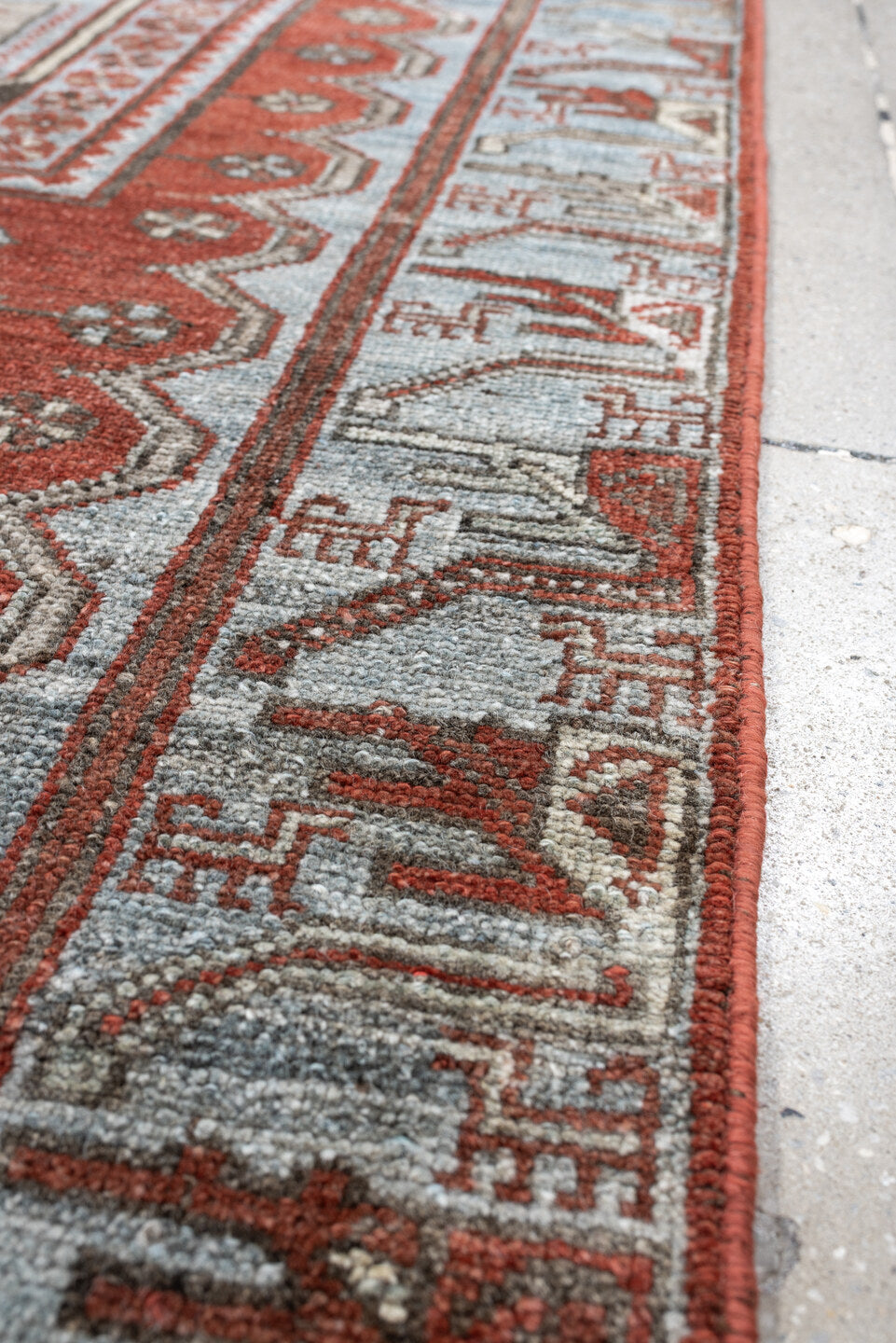 3' x 9' one-of-a-kind handmade antique Kurd runner rug. Color palette: terracotta, blue gray, ivory, charcoal, rust, taupe