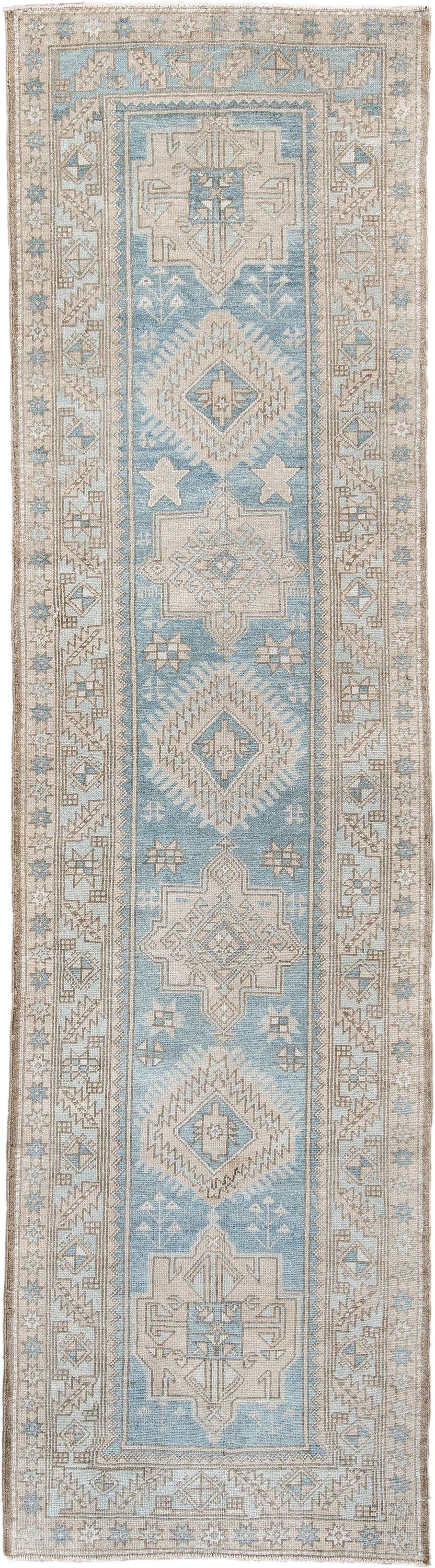 3' x 11' one-of-a-kind handmade antique Heriz runner rug. Color palette: sky blue, ivory, taupe, beige, camel, slate, brown