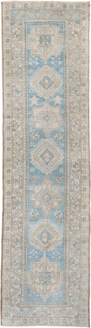 3' x 11' one-of-a-kind handmade antique Heriz runner rug. Color palette: sky blue, ivory, taupe, beige, camel, slate, brown