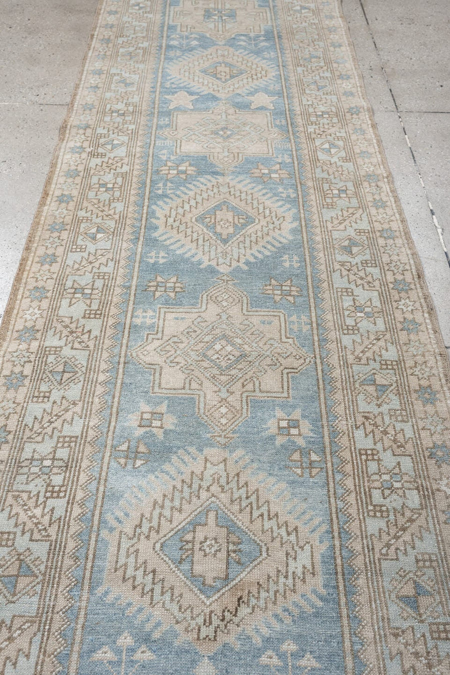 3' x 11' one-of-a-kind handmade antique Heriz runner rug. Color palette: sky blue, ivory, taupe, beige, camel, slate, brown