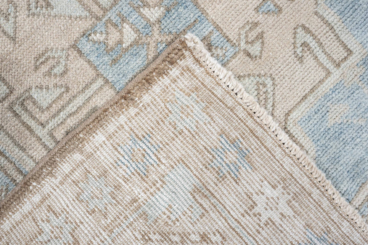 3' x 11' one-of-a-kind handmade antique Heriz runner rug. Color palette: sky blue, ivory, taupe, beige, camel, slate, brown