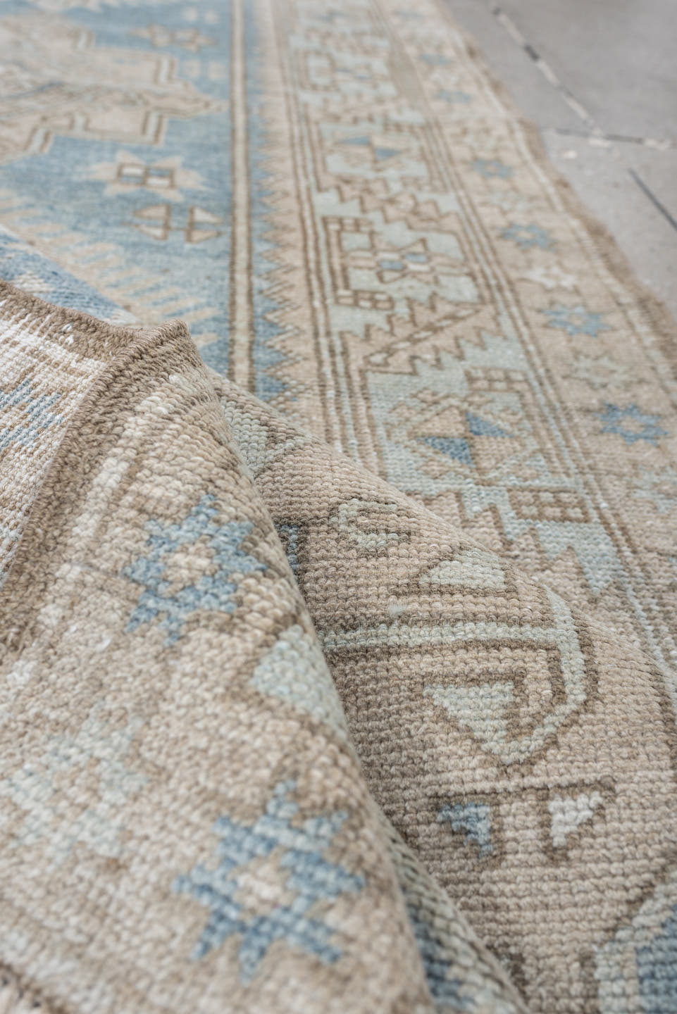 3' x 11' one-of-a-kind handmade antique Heriz runner rug. Color palette: sky blue, ivory, taupe, beige, camel, slate, brown