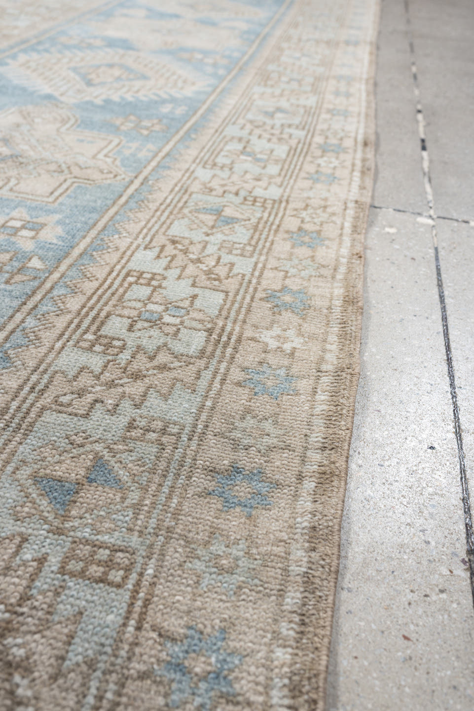3' x 11' one-of-a-kind handmade antique Heriz runner rug. Color palette: sky blue, ivory, taupe, beige, camel, slate, brown
