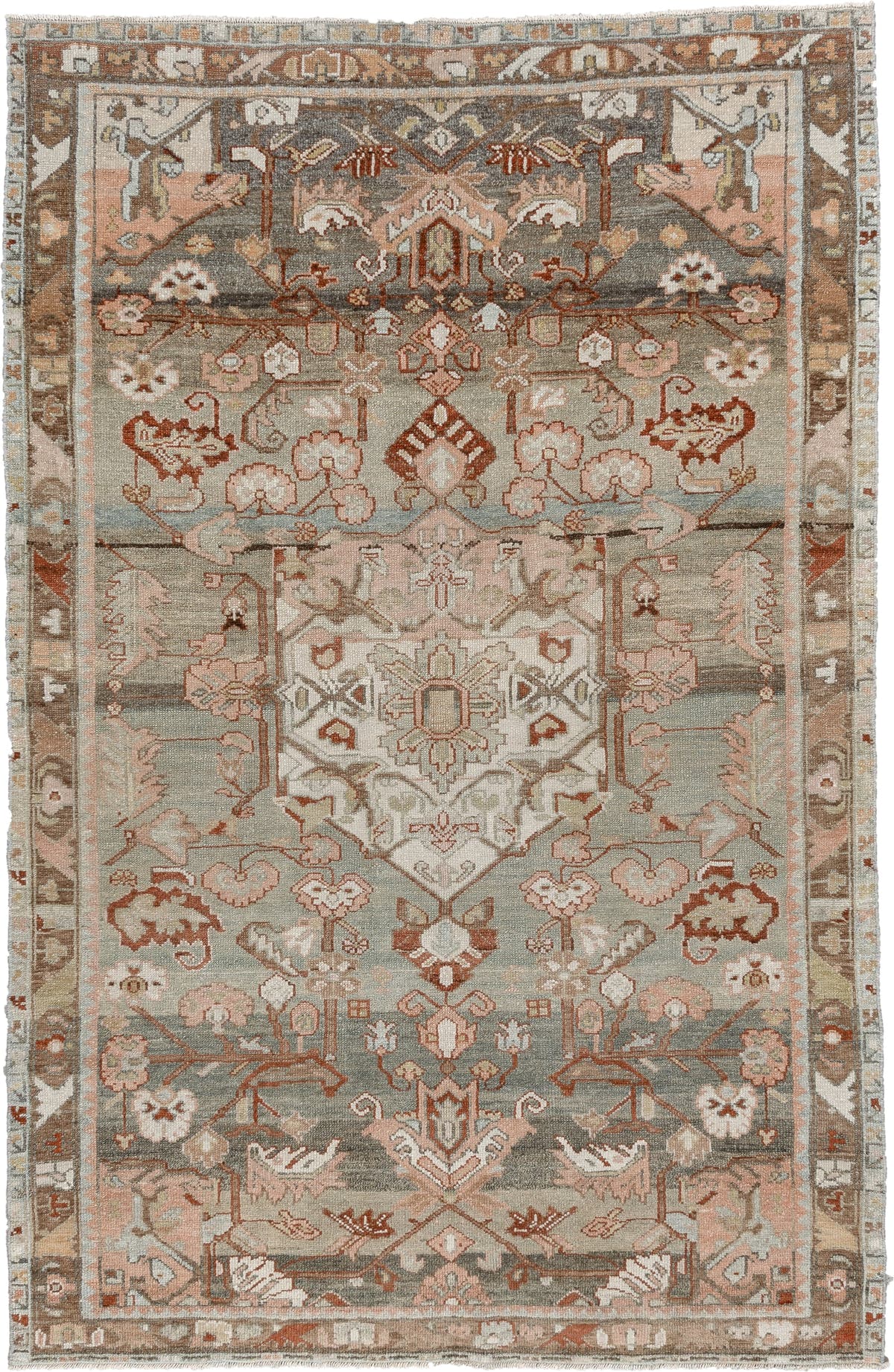 4' x 6' one-of-a-kind handmade antique Hamadan small size rug. Color palette: sage, dusty rose, ivory, taupe, rust, camel