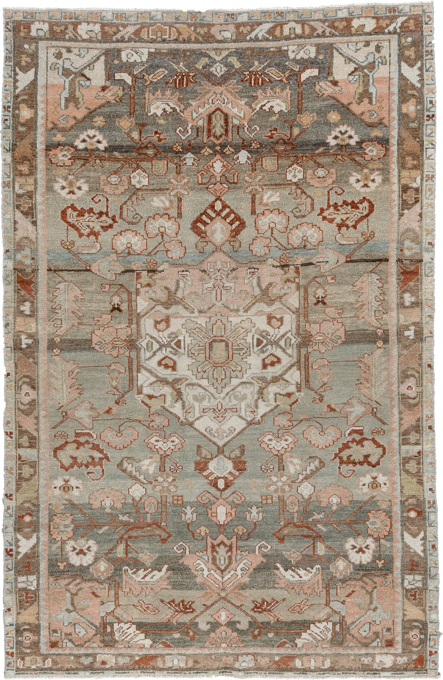 4' x 6' one-of-a-kind handmade antique Hamadan small size rug. Color palette: sage, dusty rose, ivory, taupe, rust, camel