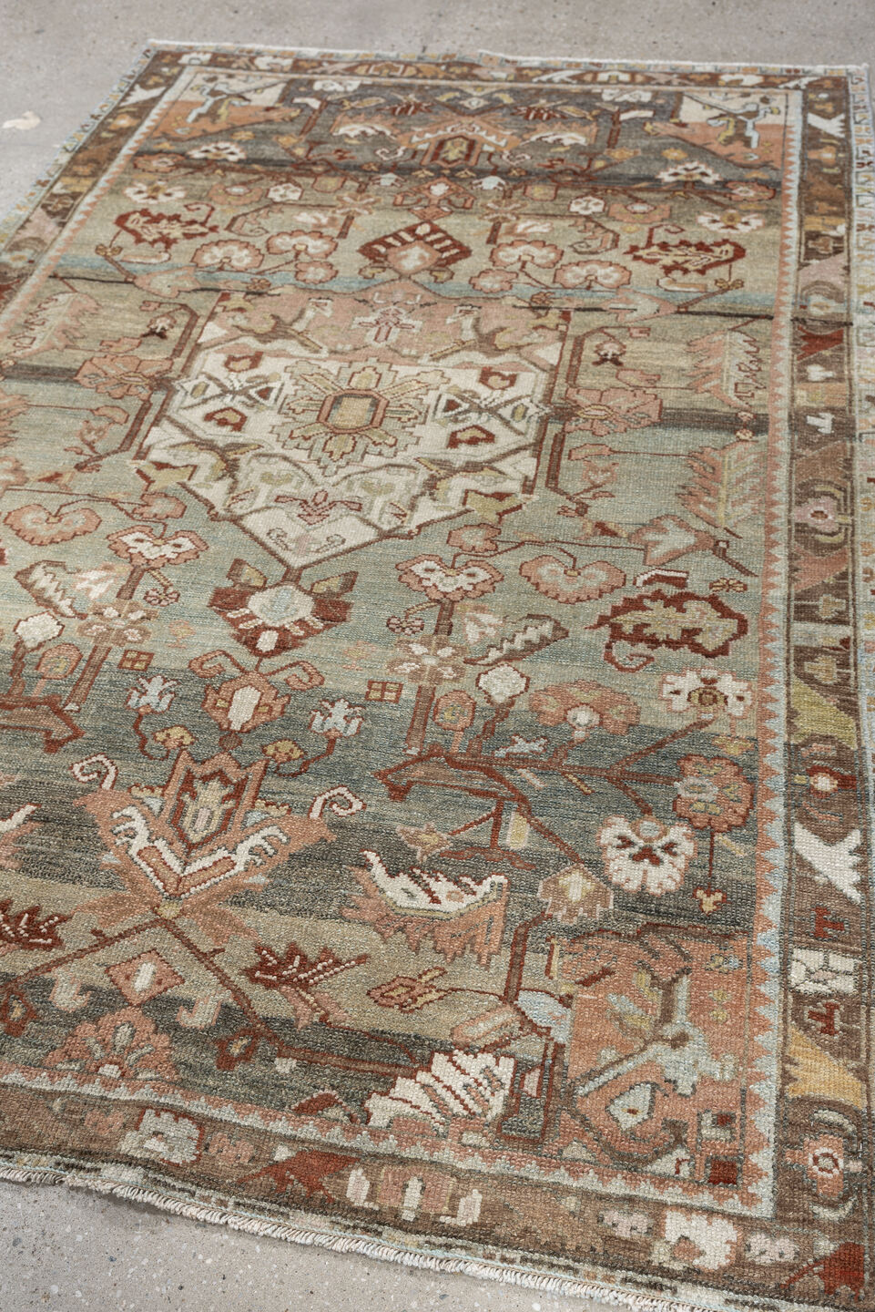 4' x 6' one-of-a-kind handmade antique Hamadan small size rug. Color palette: sage, dusty rose, ivory, taupe, rust, camel