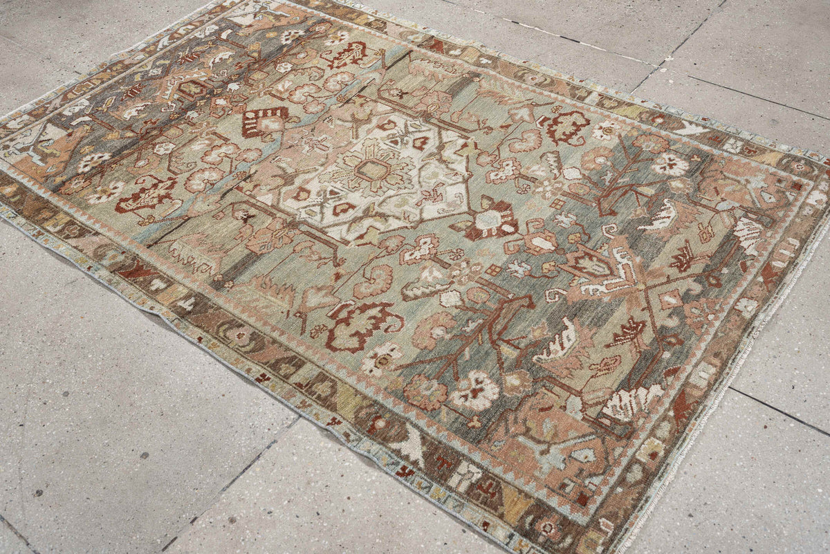 4' x 6' one-of-a-kind handmade antique Hamadan small size rug. Color palette: sage, dusty rose, ivory, taupe, rust, camel