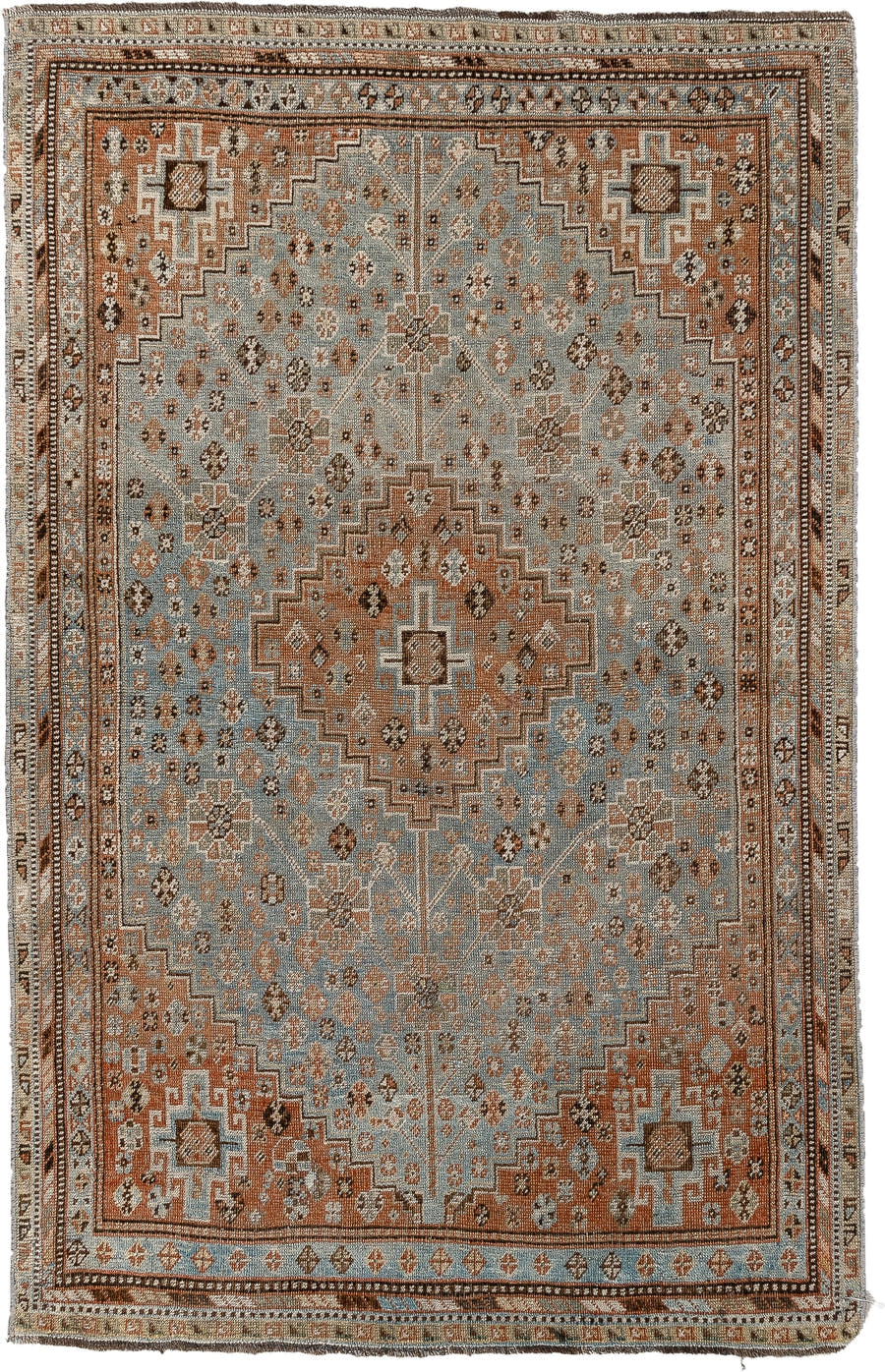 3' x 4' one-of-a-kind handmade antique Shiraz small size rug. Color palette: slate blue, rust, ivory, charcoal, taupe