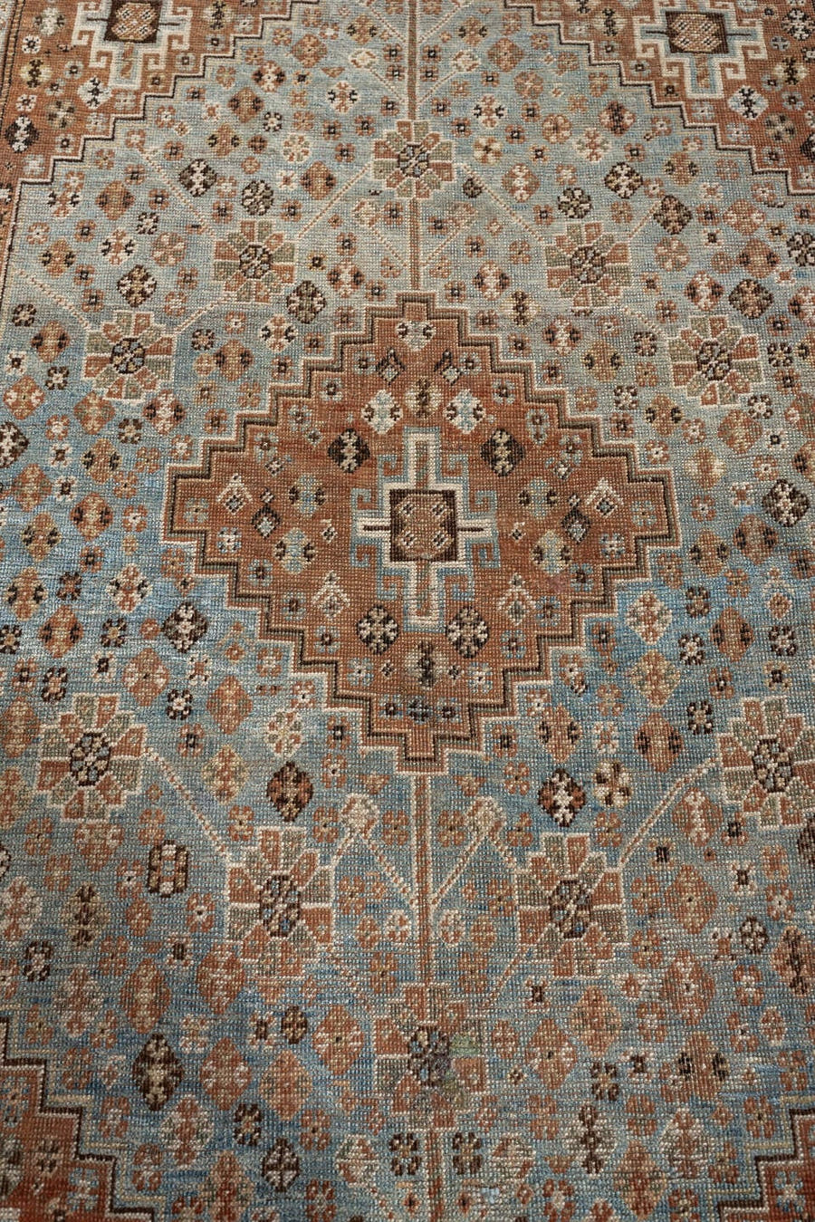 3' x 4' one-of-a-kind handmade antique Shiraz small size rug. Color palette: slate blue, rust, ivory, charcoal, taupe