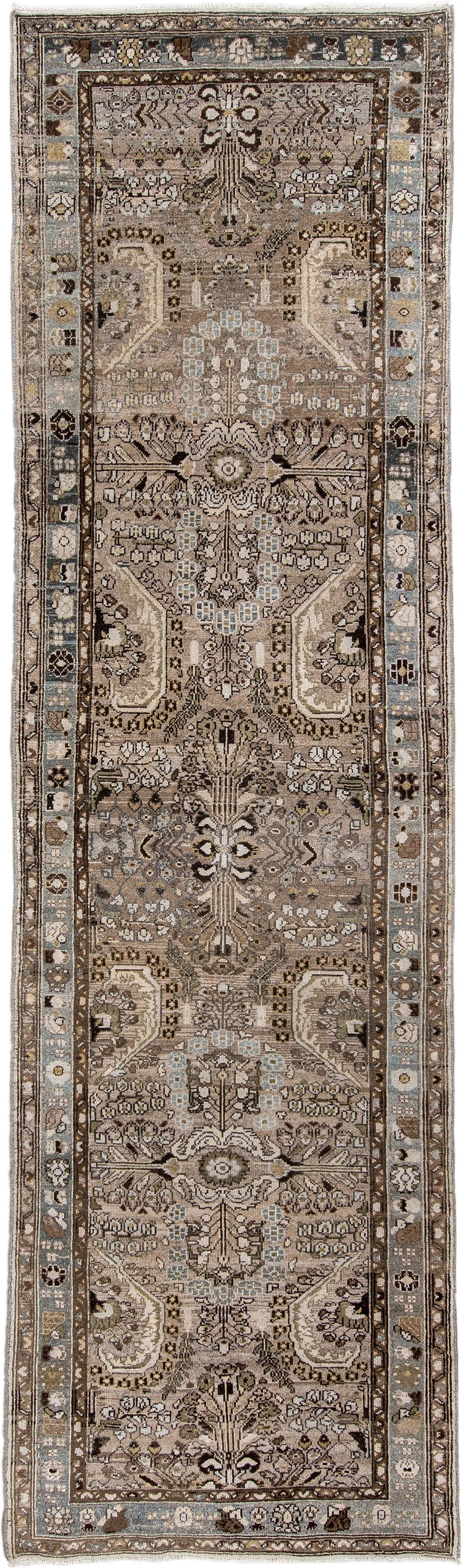3' x 11' one-of-a-kind handmade antique Malayer runner rug. Color palette: taupe, ivory, slate blue, warm brown, charcoal