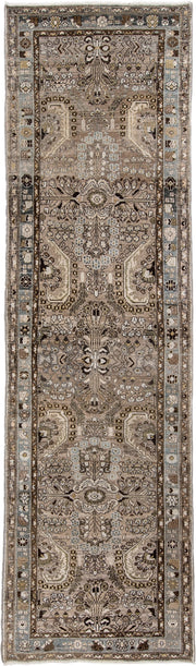 3' x 11' one-of-a-kind handmade antique Malayer runner rug. Color palette: taupe, ivory, slate blue, warm brown, charcoal