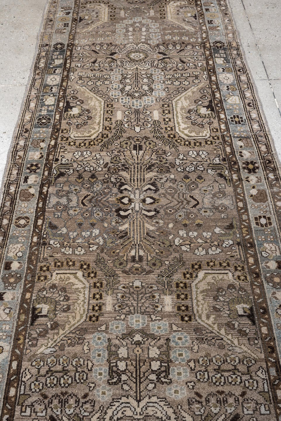 3' x 11' one-of-a-kind handmade antique Malayer runner rug. Color palette: taupe, ivory, slate blue, warm brown, charcoal