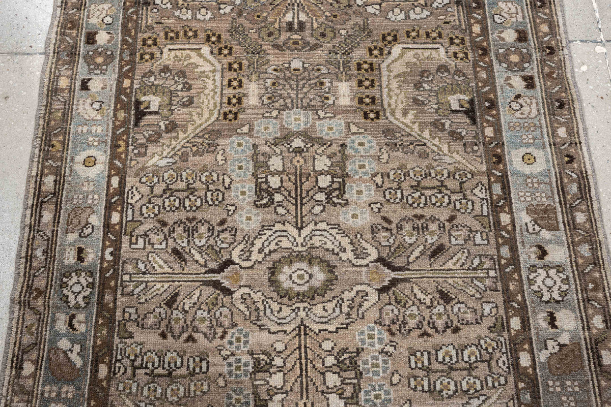 3' x 11' one-of-a-kind handmade antique Malayer runner rug. Color palette: taupe, ivory, slate blue, warm brown, charcoal