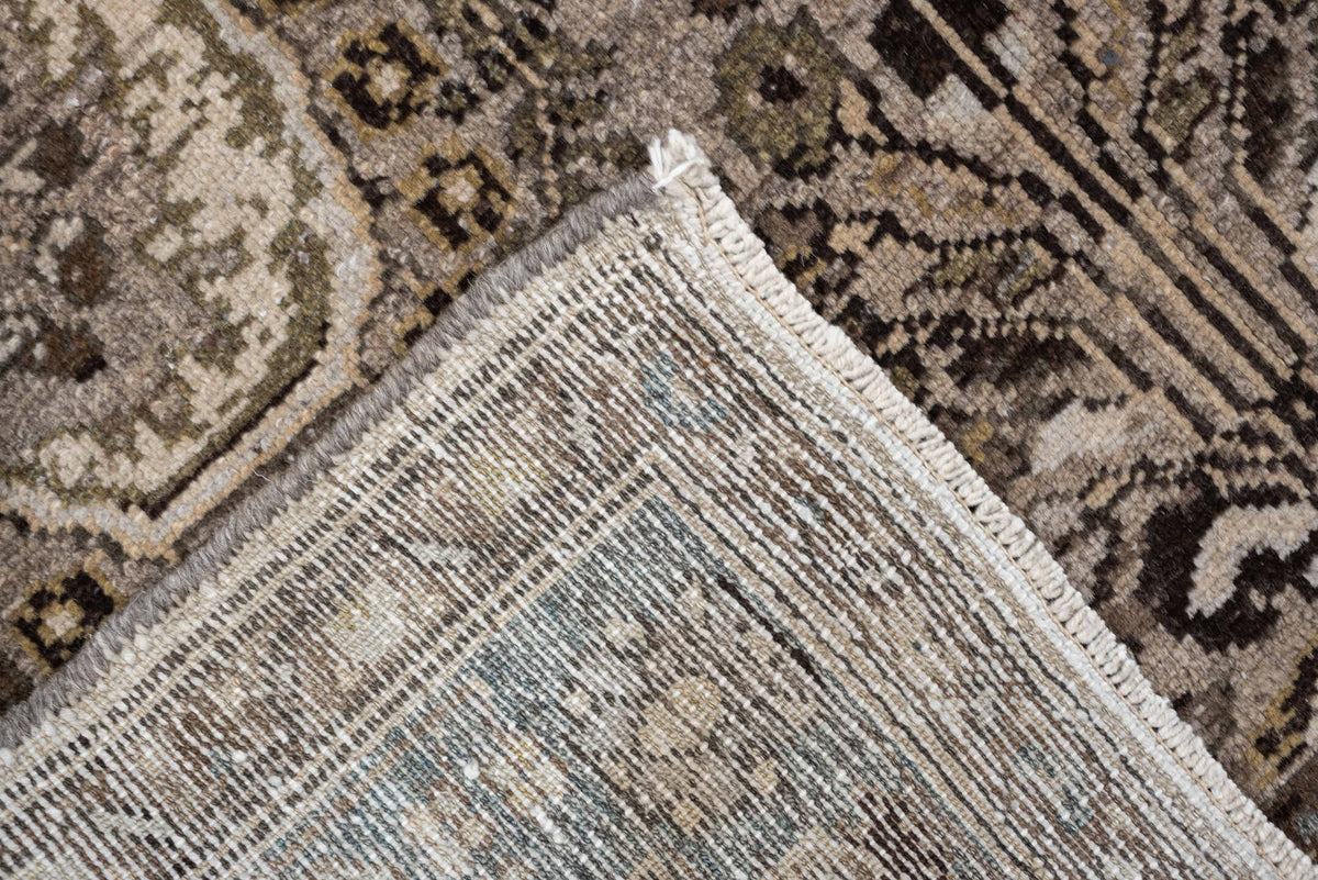 3' x 11' one-of-a-kind handmade antique Malayer runner rug. Color palette: taupe, ivory, slate blue, warm brown, charcoal