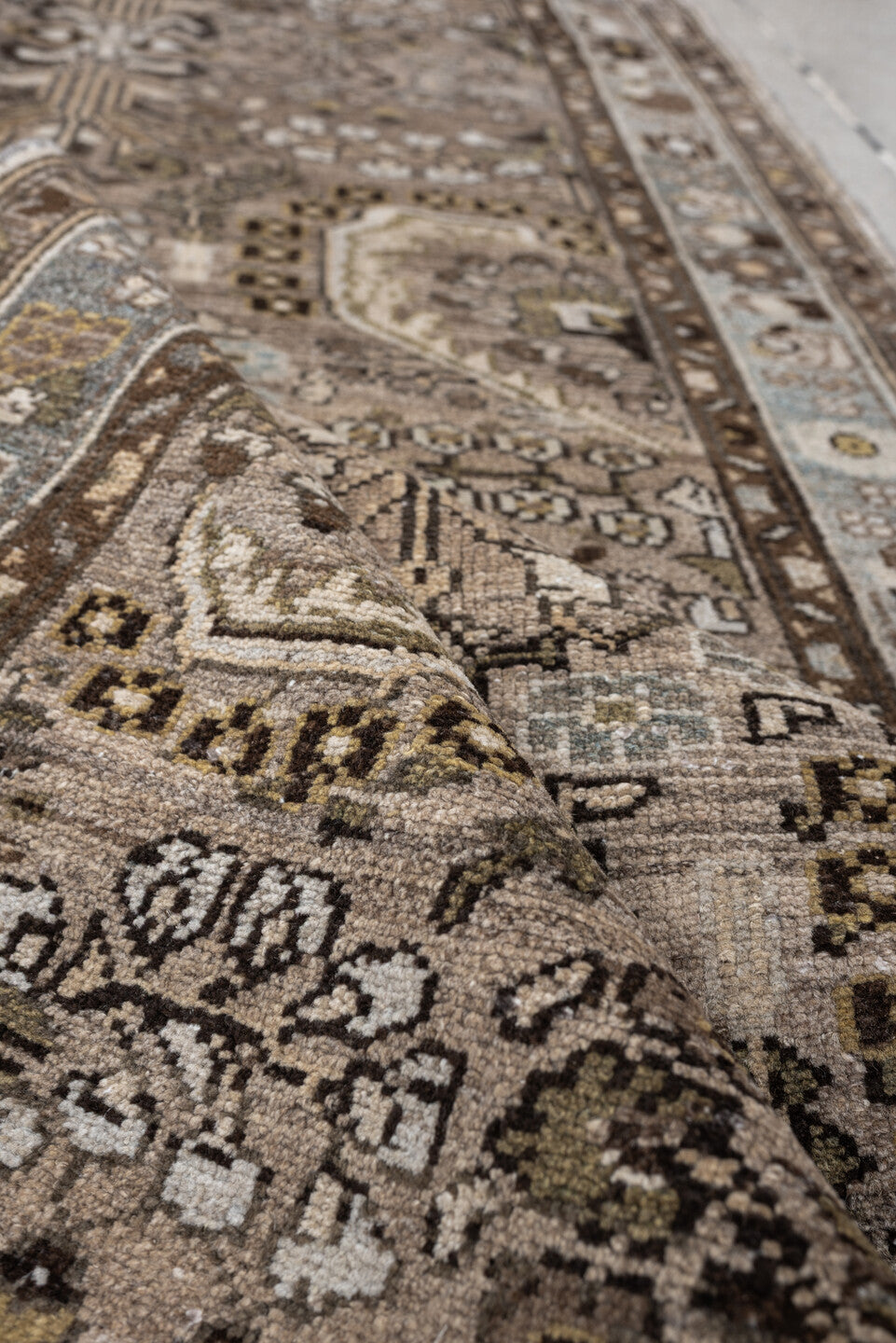 3' x 11' one-of-a-kind handmade antique Malayer runner rug. Color palette: taupe, ivory, slate blue, warm brown, charcoal