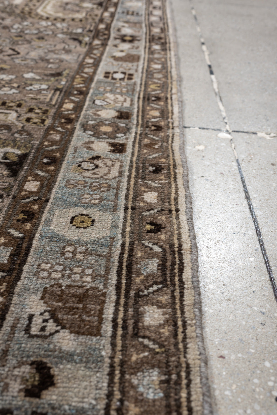 3' x 11' one-of-a-kind handmade antique Malayer runner rug. Color palette: taupe, ivory, slate blue, warm brown, charcoal