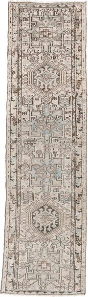 2' x 7' one-of-a-kind handmade antique Karaje runner rug. Color palette: ivory, pale blue, taupe, brown, charcoal, beige